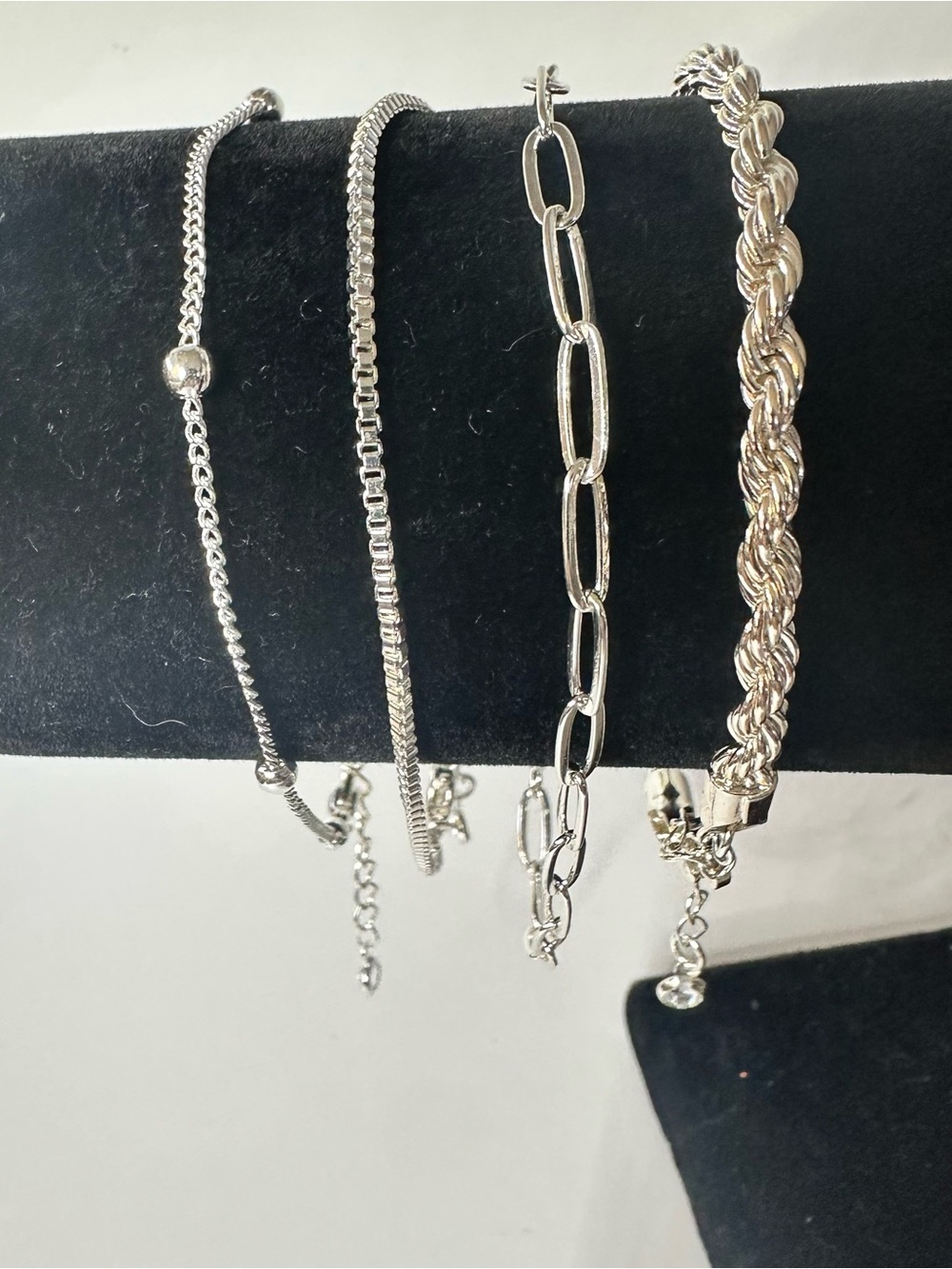 Silver Tone 4-Piece Stackable Bracelet Set | Paperclip Rope Beaded Box Chain - Picture 8 of 8